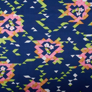 1.7Yd Vintage 1970s polyester knit dressmaking fabric, flowers abstraction white pink green on blue