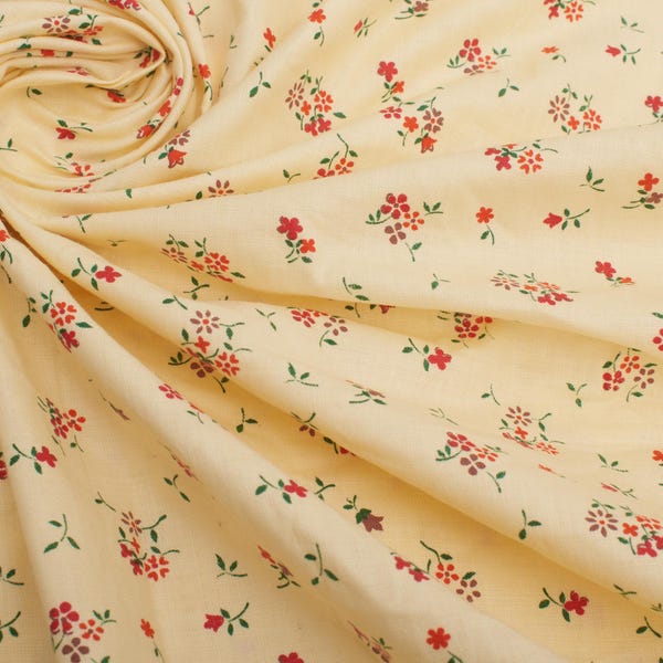 Vintage 1950s Yellow Red Ditsy Floral Print Cotton Fabric for Sewing Projects