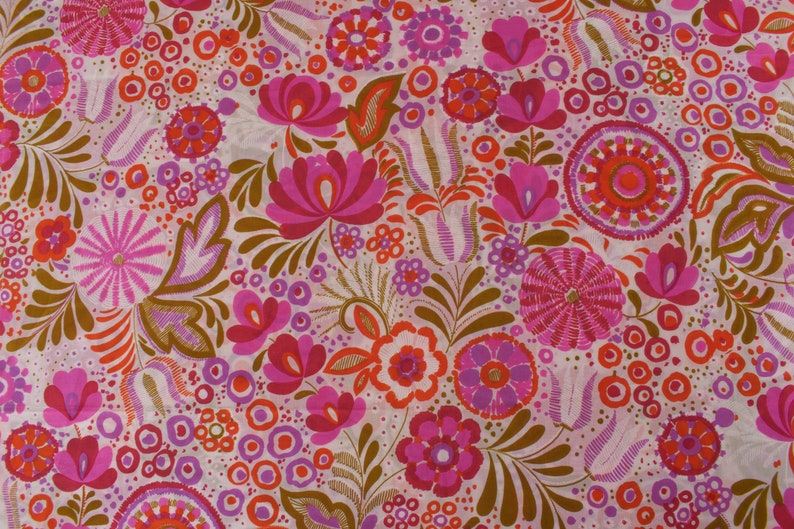 Flower Power jaren 1970 Vintage katoenmix stof, roze oranje wit, Home Decor BTY afbeelding 10