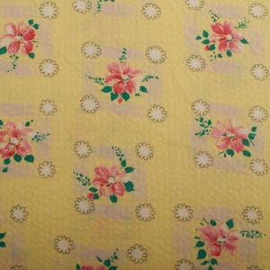 Delicate Seersucker Fabric, Light Yellow Pink Floral Print, 1950s Cotton for Sewing