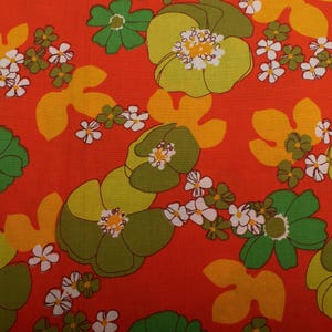 1970s Bold Floral Cotton Fabric, Orange Green Floral Cotton Fabric for Home Decor