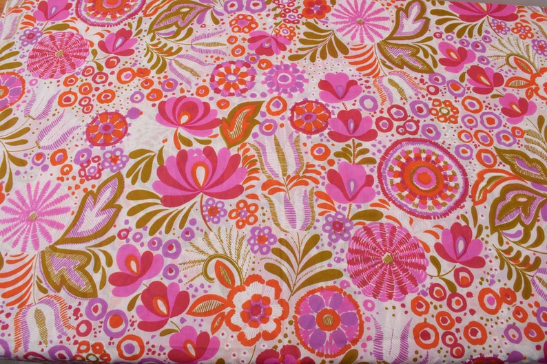 Flower Power jaren 1970 Vintage katoenmix stof, roze oranje wit, Home Decor BTY afbeelding 2