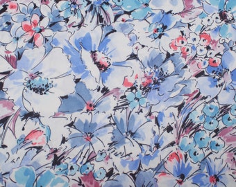 1.4Yd Vintage 1970s polyester knit dress fabric, flowers blue pink