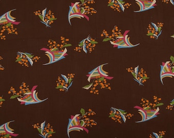 1950s Brown Mid-Century Viscose Cotton Blend Floral Print Dressmaking Fabric