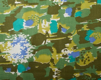 1.6Yd 1950s Vintage cotton fabric, abstract green blue white, Quilting Sewing Retro