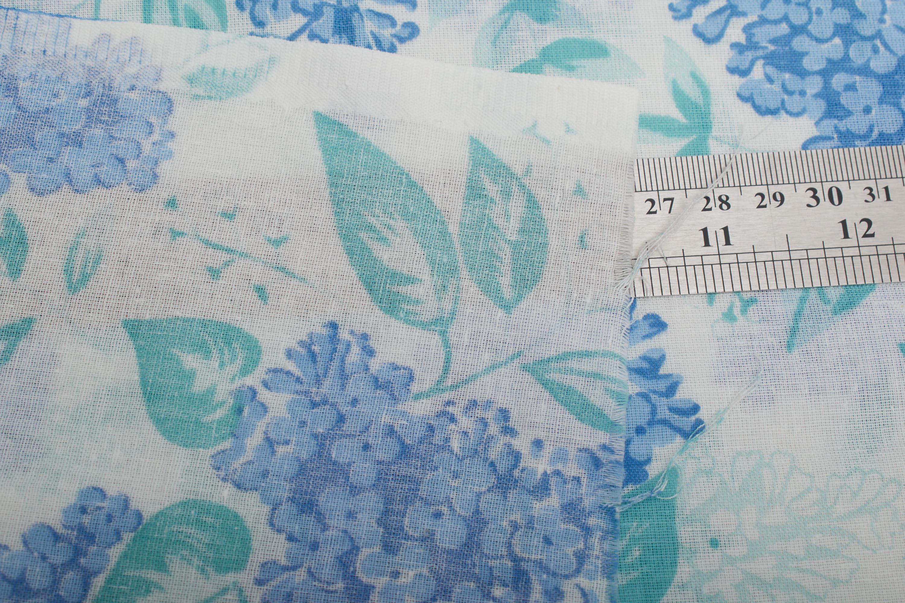 Vintage Cotton Fabric, Blue Lilac Floral Print, 1960s Sheer Fabric