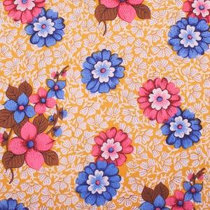Flower Power 1970s Vintage cotton Fabric, pink blue yellow flowers, Home Decor