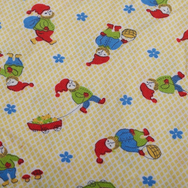 1950s Vintage cotton brushed baby Fabric, gnomes apples mushrooms