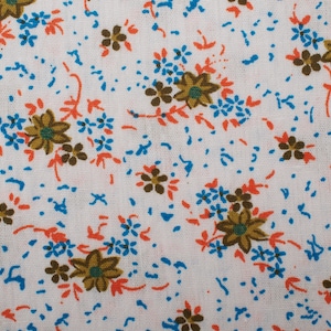 1990s Vintage Ditsy Floral Cotton Fabric, blue brown flowers white background, Quilting Sewing Retro BTY