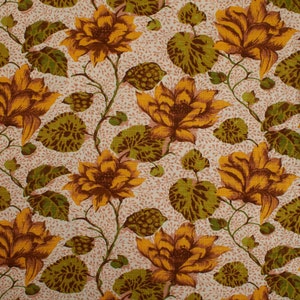 Tela de algodón vintage con estampado floral moderno de los años 70, flores amarillas, decoración del hogar