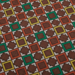 1940s Vintage cotton fabric, brown yellow red geometric squares. Quilting Sewing Retro. Cotton Home Decor Fabric