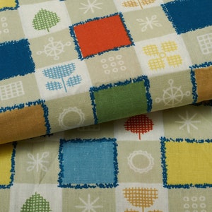 1970s Vintage cotton Fabric, European folkloric fabric, geometry flowers blue yellow green
