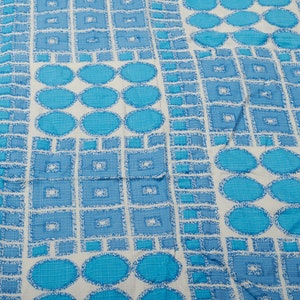 1970s Vintage linen cotton textured Fabric, turquoise blue white geometry abstraction, Home decor fabric