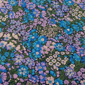 1970s Vintage cotton viscose fabric, dressmaking, blue pink flowers navy background, BTY