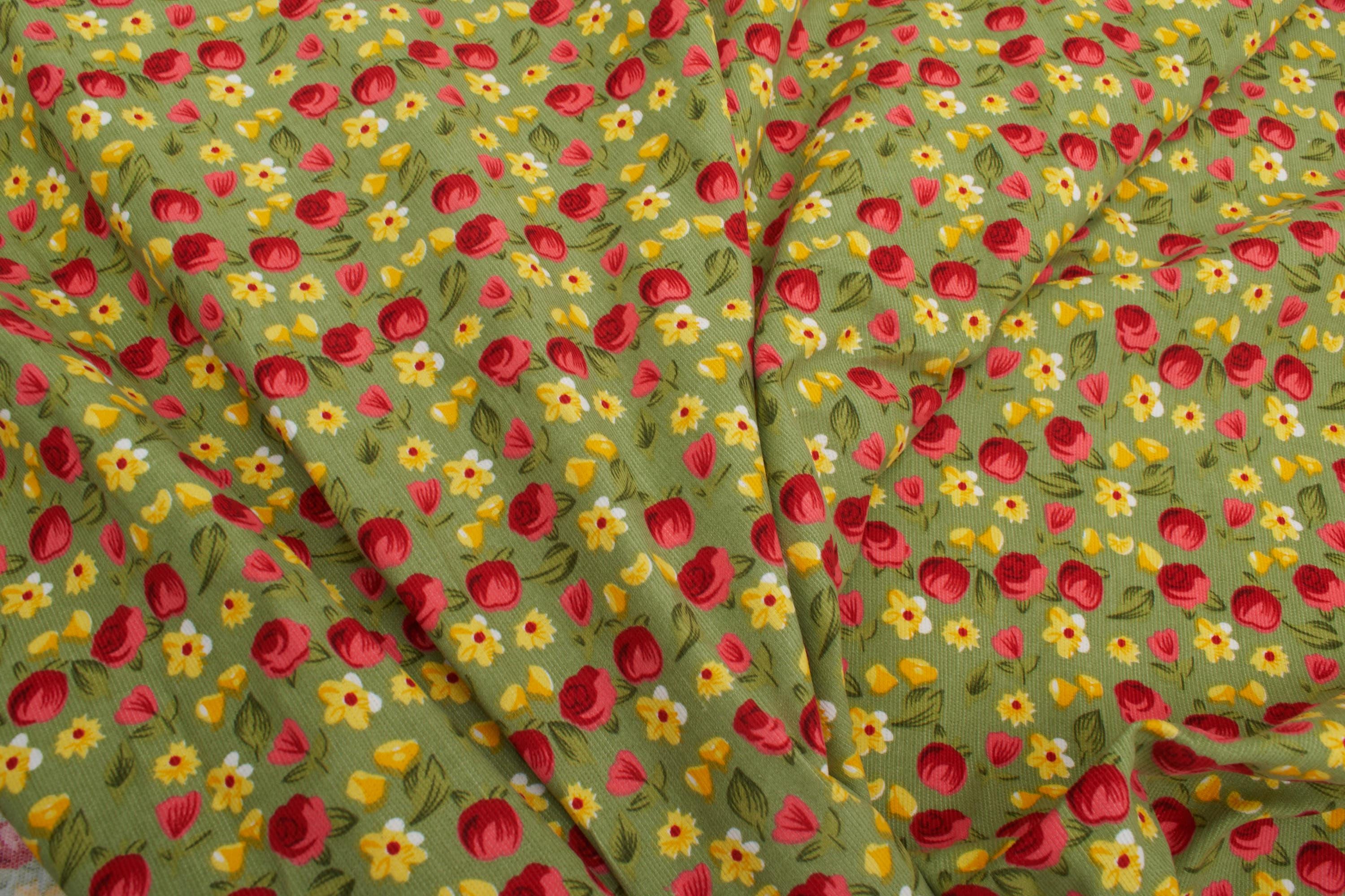 1990s Vintage Floral Corduroy Fabric: Ditsy Roses, Yellow Flowers