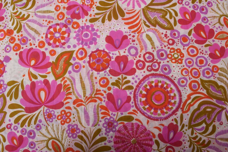 Flower Power jaren 1970 Vintage katoenmix stof, roze oranje wit, Home Decor BTY afbeelding 1