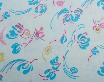 1950s Vintage Cotton Fabric: Blue, Pink, Yellow Floral Print, 31" Wide