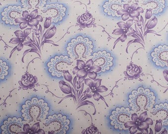 Vintage French Lilac Floral Cotton Linen Fabric, 1940s Home Decor Textile