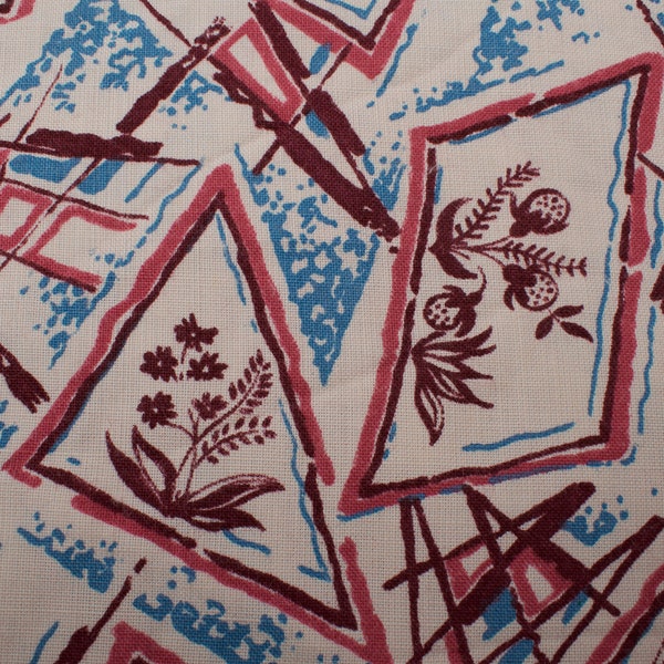 Rare 1930s Vintage cotton Fabric, flowers berries geometry abstract pink blue white BTY