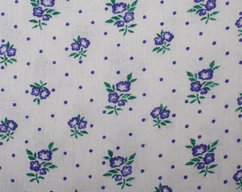 1990s Vintage Ditsy Floral Cotton Fabric, polka dot, blue flowers white background, Quilting Sewing Retro BTY