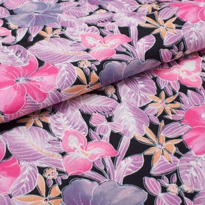 1970s Vintage flower fabric cotton, Hawaiian flowers, pink black