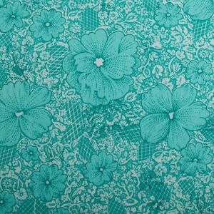 1960s Vintage cotton fabric, floral turquoise white, Quilting Sewing fabric, BTY
