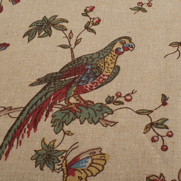 1980 Linen Fabric vintage. Birds parrots flowers beige background, Interiors Fabric, Cushions, Upholstery home decor