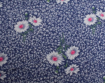 1960s Vintage cotton viscose Fabric, white daisies blue background, dress fabric BTY