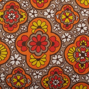 1970s Vintage Blend Cotton Fabric, Orange Floral Print, Decorative Medium Weight Fabric