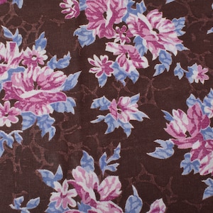 1970s Floral Fabric, blue pink flowers brown background, Sewing Material