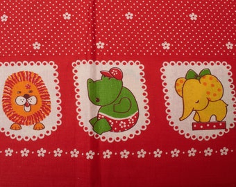 2Yd 1950s Vintage cotton children Fabric, polka dots flowers animals red white yellow green, Quilting Sewing