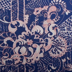 Vintage Cotton Fabric, Navy Blue and Pink Floral Abstract Print, 1960s Fabric BTY