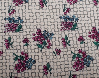 Vintage 1980s Pink Blue Floral Berry Pattern Cotton Fabric for Home Decor