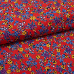 1960s Vintage cotton abric, ditsy blue yellow flowers red background, BTY