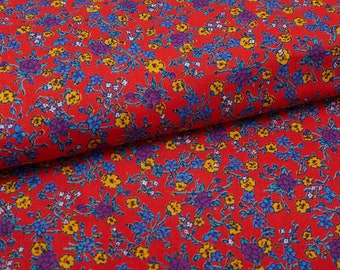 1960s Vintage cotton abric, ditsy blue yellow flowers red background, BTY
