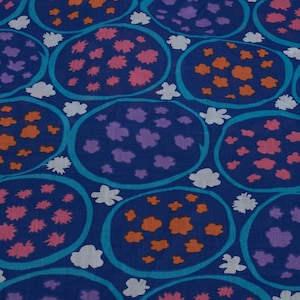 1980s Vintage cotton blend semisheer Fabric, abstract floral blue orange pink white