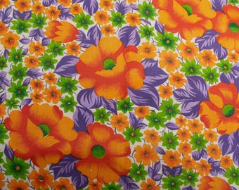 1970s Vintage Orange Floral Cotton Fabric for Home Decor