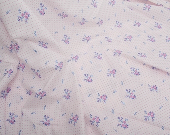 Tela de algodón francesa vintage de los años 50, estampado floral de lunares rosas. Material de costura.