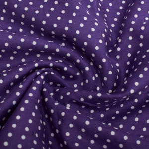 Vintage Cotton Satin Fabric, White Polka Dot Print on Purple, 1970s Textiles