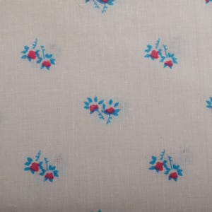 Charming Vintage Cotton Fabric, White Background, Red and Blue Floral Print, 1960s Fabric