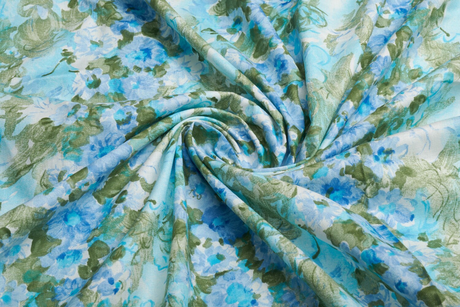 2.6Yds 1980年代ヴィンテージコットン生地、水彩花ブルーターコイズ