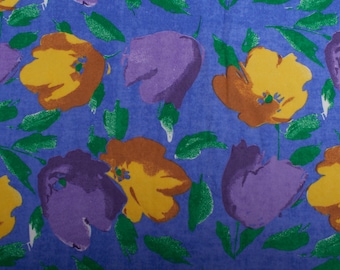 Vintage katoenen flanel, blauwgele tulpenprint, textiel uit de jaren 70