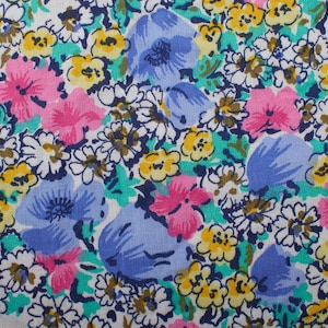 1990s Vintage Ditsy Floral Cotton Fabric, blue pink yellow flowers white background, Quilting Sewing