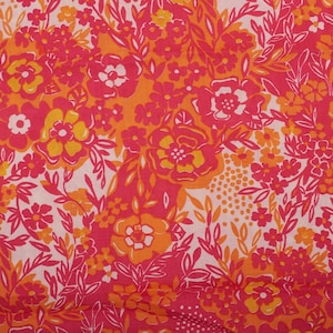Flower Power 1970s Vintage Pink Orange Floral Cotton Fabric, Bold Retro Flower Print, 2.1 yds by 38"