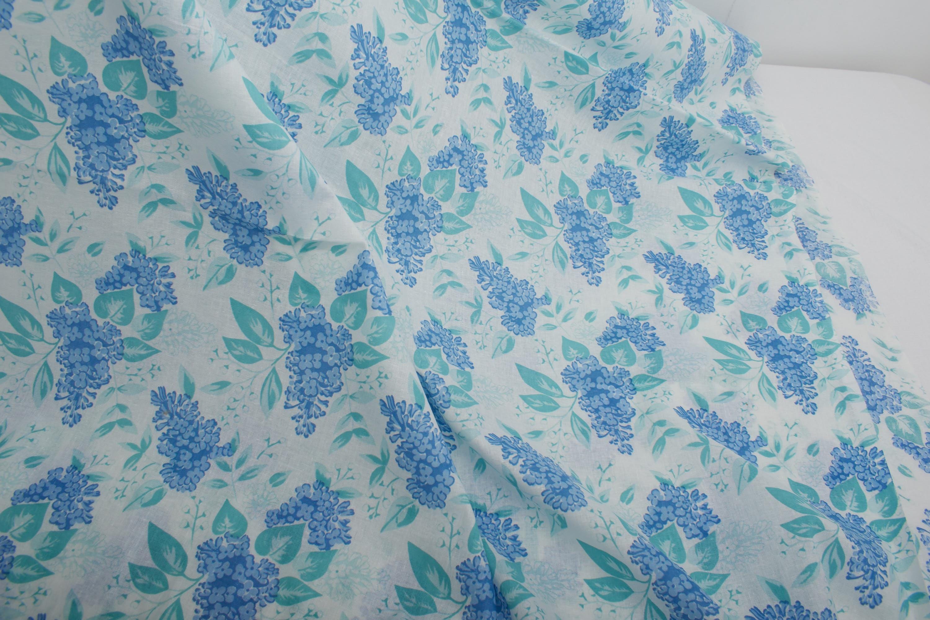 Vintage Cotton Fabric, Blue Lilac Floral Print, 1960s Sheer Fabric