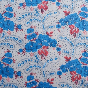 Vintage 1970s Cotton Fabric, Blue and Pink Floral Roses, Retro Sewing Material BTY