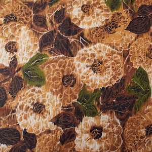 Elegant 1980s Vintage cotton polished Fabric, brown green flowers, Quilting Sewing BTY