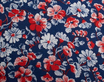 Retro Navy Red Floral Viscose Cotton Fabric, 1960s Dressmaking Material