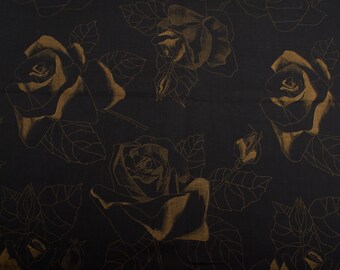 Elegant Rose Print Cotton Fabric, Vintage 1980s Black Gold Fabric, Blouse Material (USA-DDP)