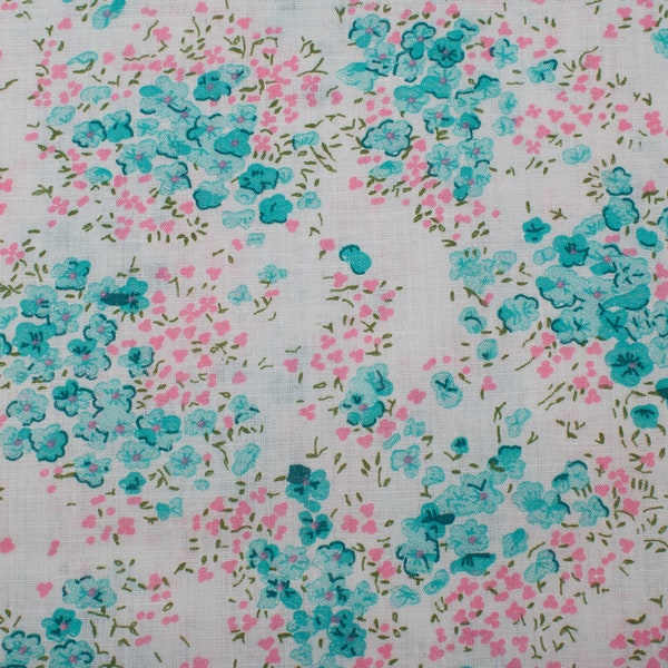 1970s Vintage French cotton Fabric, ditsy Floral turquoise pink, Quilting Sewing Retro